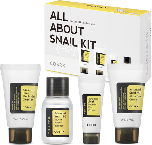 COSRX All About Snail Mucin Korean Skin Care Set, Mini Travel Essentials, Travel Size Gift Set with Snail Mucin Face Wash, Serum, Moisturizer & Eye Cream, Rejuvenating Kit