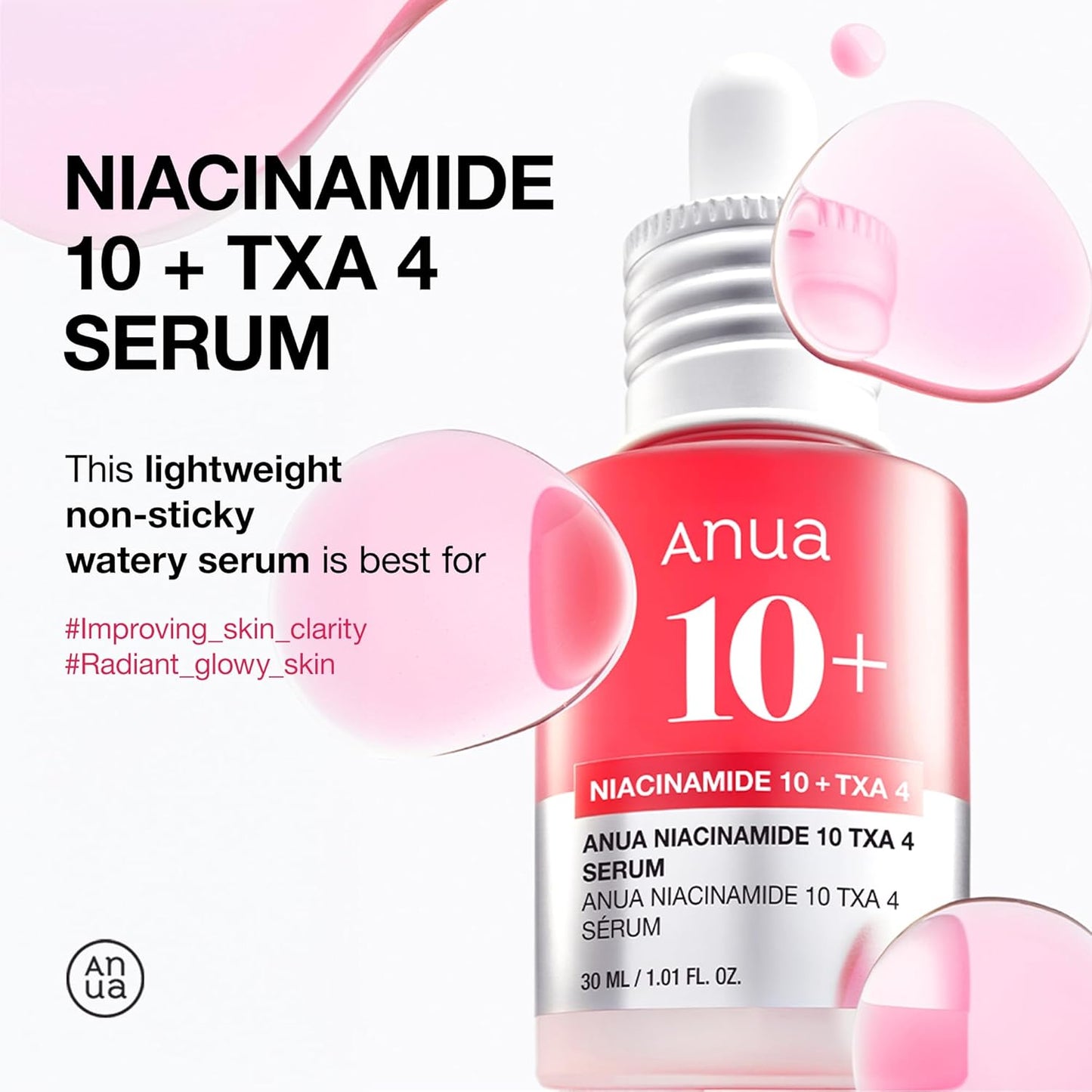 ANUA 10% Niacinamide+ 4% TXA Serum, Ceramide, Hyaluronic Acid, Tranexamic Acid, Vitamin B12 Natural color, Korean Glass Skin, Fragrance-Free, Dark Spot Serum, Korean Skincare, 30ml /1.01 fl.oz.