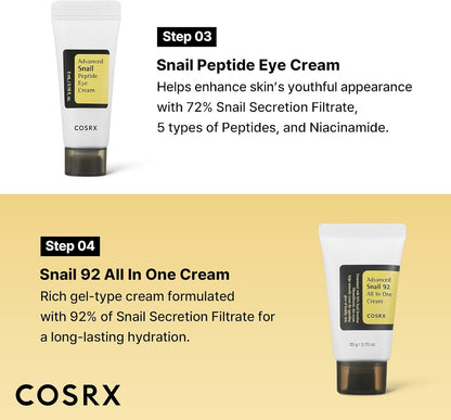 COSRX All About Snail Mucin Korean Skin Care Set, Mini Travel Essentials, Travel Size Gift Set with Snail Mucin Face Wash, Serum, Moisturizer & Eye Cream, Rejuvenating Kit