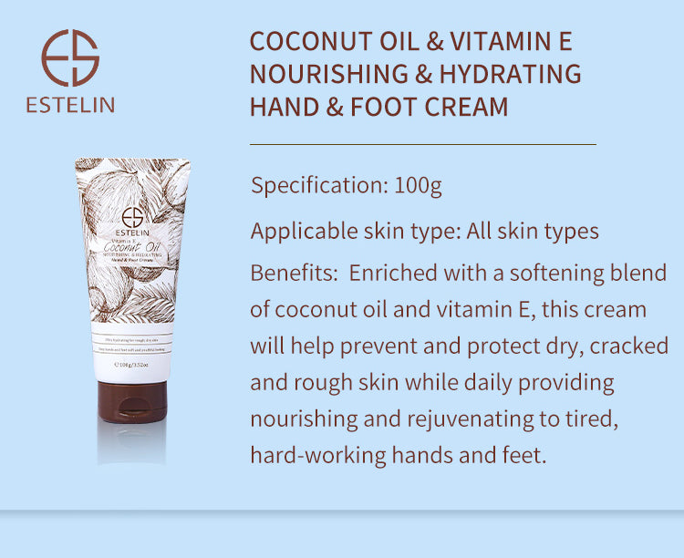 Estelin coconut oil and vitamin E hand and foot cream on a light blue background onlicrew onlycrew