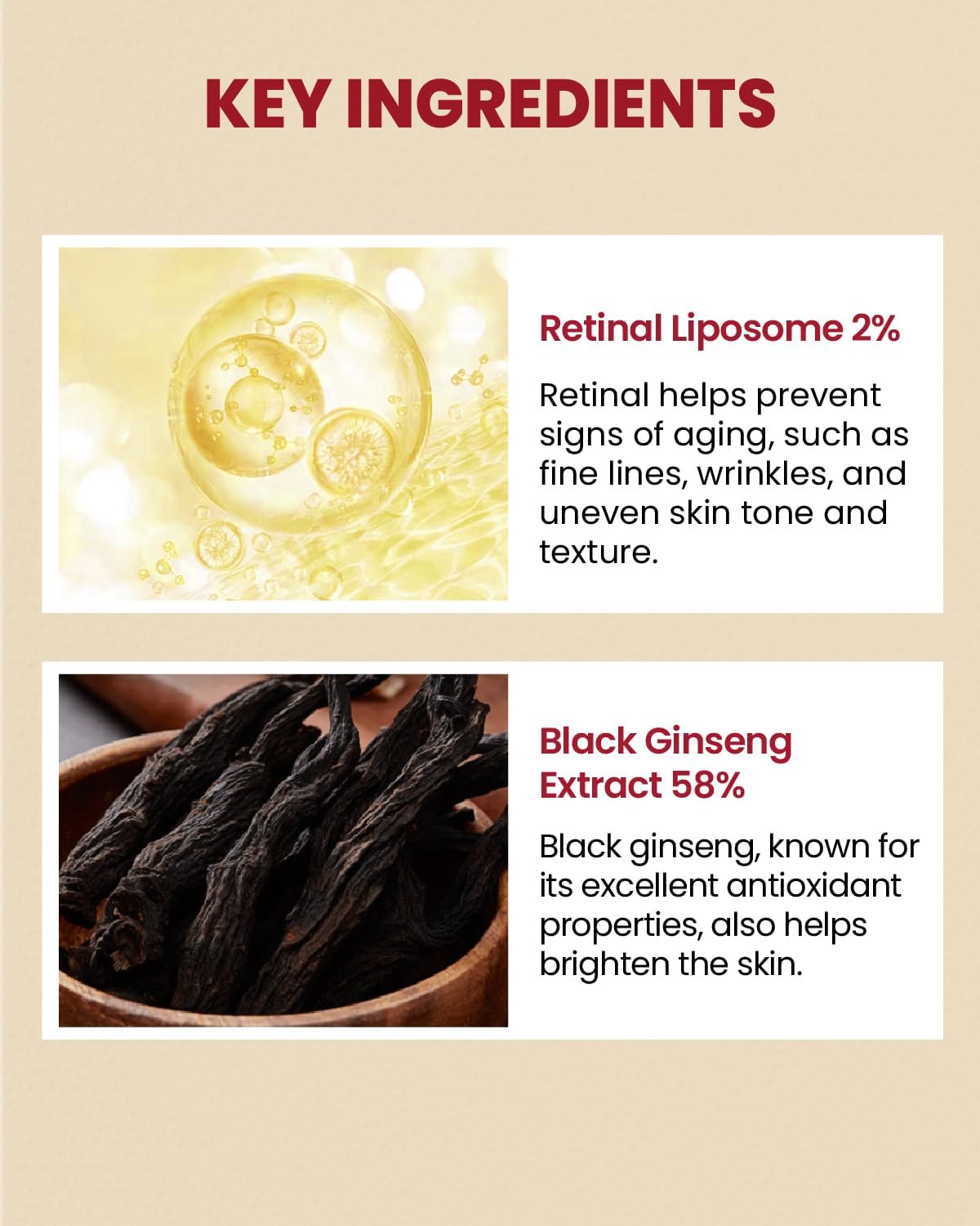 Key ingredients of a skincare product with retinal liposome and black ginseng extract on a beige background.