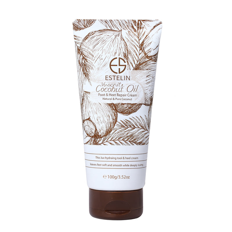 Estelin Coconut Oil foot and heel repair cream tube with coconut design on a white background onlicrew onlycrew