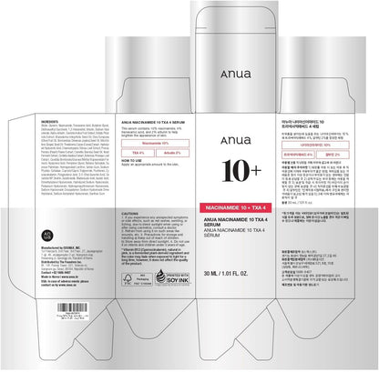 ANUA 10% Niacinamide+ 4% TXA Serum, Ceramide, Hyaluronic Acid, Tranexamic Acid, Vitamin B12 Natural color, Korean Glass Skin, Fragrance-Free, Dark Spot Serum, Korean Skincare, 30ml /1.01 fl.oz.