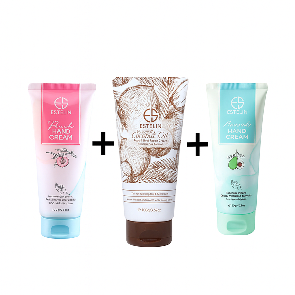 Three Estelin hand cream tubes with different designs on a white background + offer onlycrew