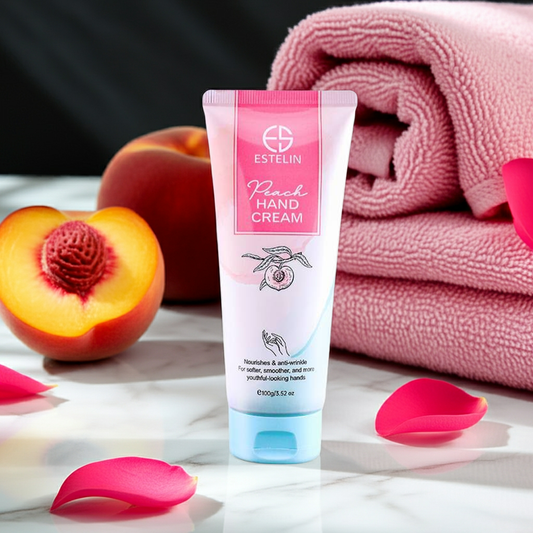 Estelin Peach Hand Cream with peaches front side