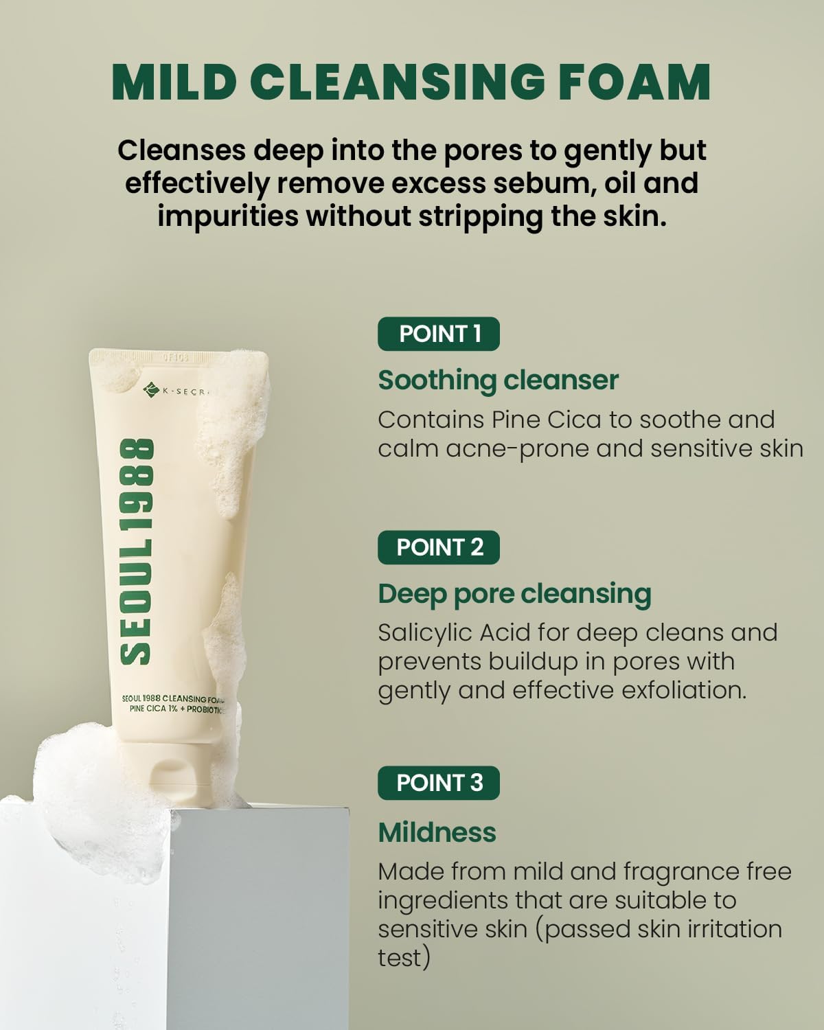 Seoul 1988 mild cleansing foam with product details on a green background onlicrew 