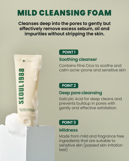 Seoul 1988 mild cleansing foam with product details on a green background onlicrew 