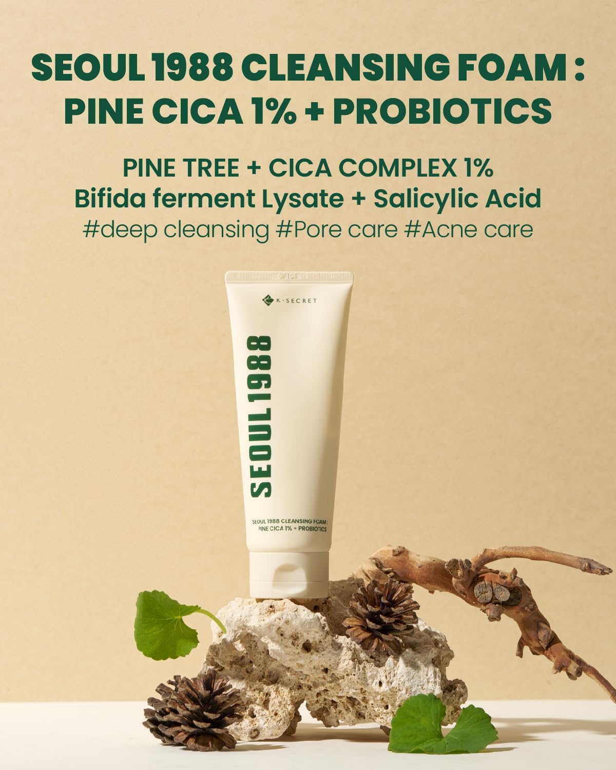 Rich creamy lather of K-SECRET Seoul 1988 Pine Cica cleansing foam showing soft texture